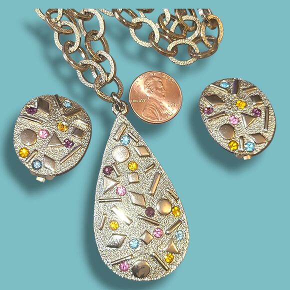 Vintage Sarah Coventry Sultana Rhinestone Earrings Teardrop Pendant Necklace Set - Picture 5 of 6